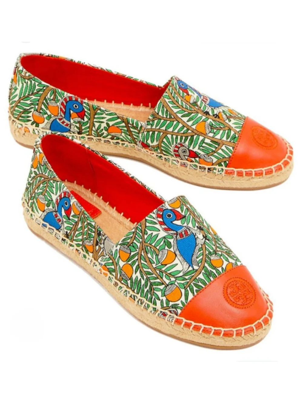 TORY BURCH‎ Something Wild Spicy Espadrilles 10.5 Green Orange Bird Print